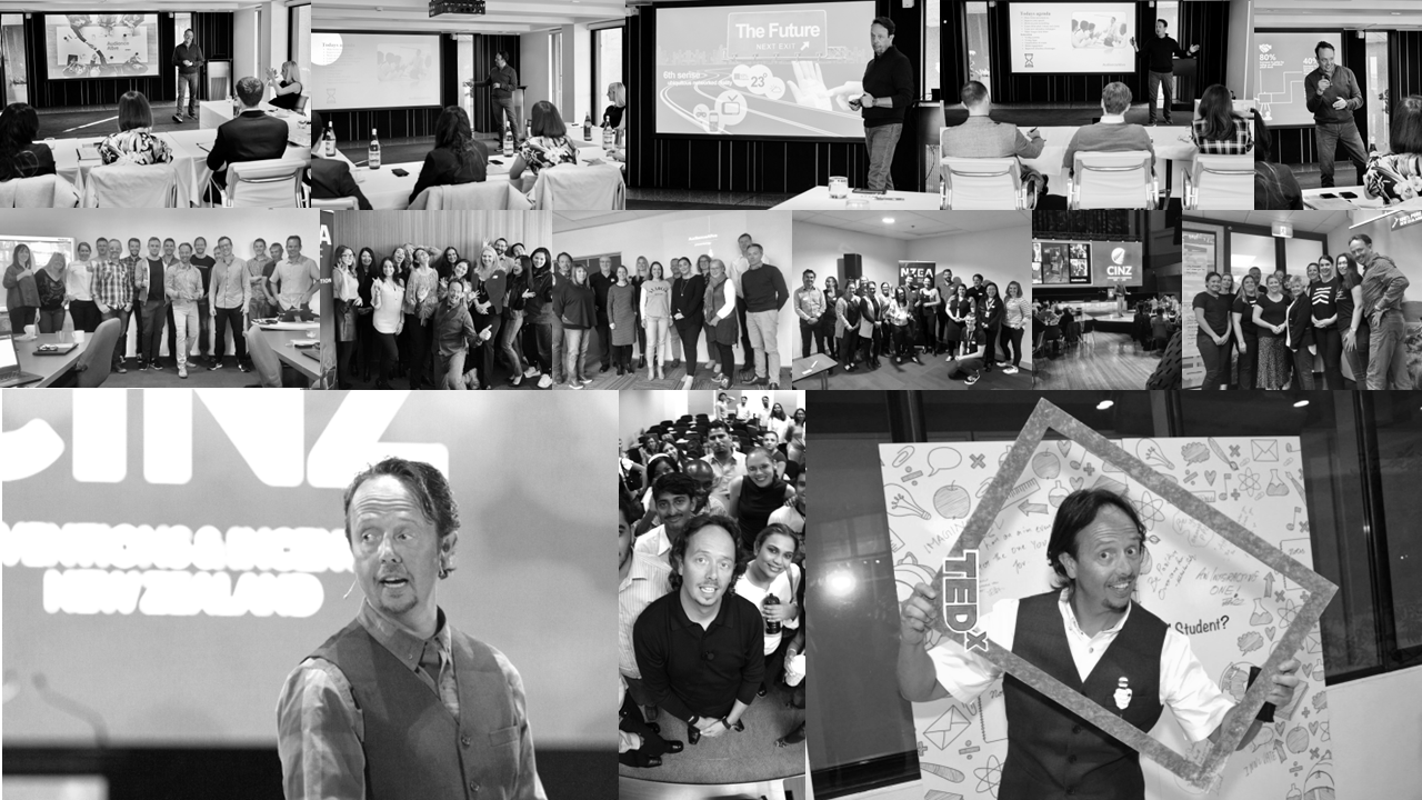 A collage of black-and-white photos of various groups of people at conferences, presentations, and social events. Some images show speakers presenting on stage, while others feature groups posing for group photos or engaging in activities.
