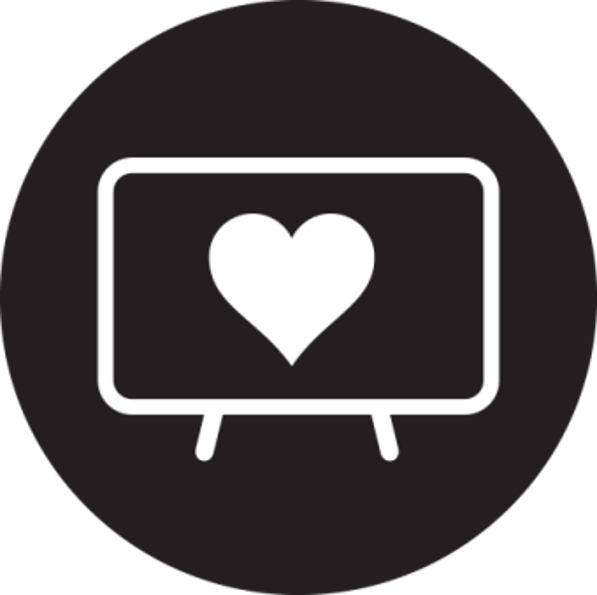 A black circular icon featuring a white heart inside a rectangle with legs, resembling a loved one or caregiver in a caring role.