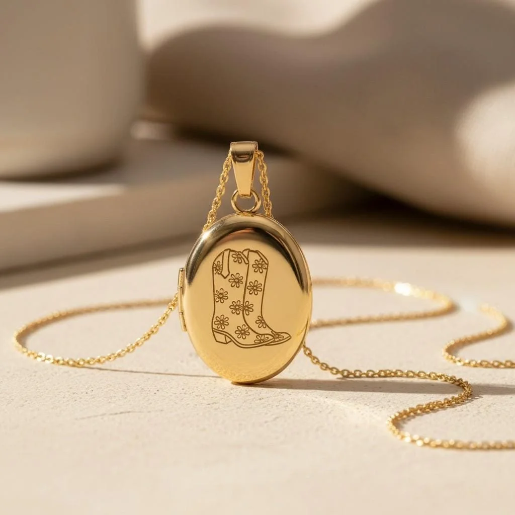 Personalized Cowboy Boot Locket Necklace, Western Engraved Charm