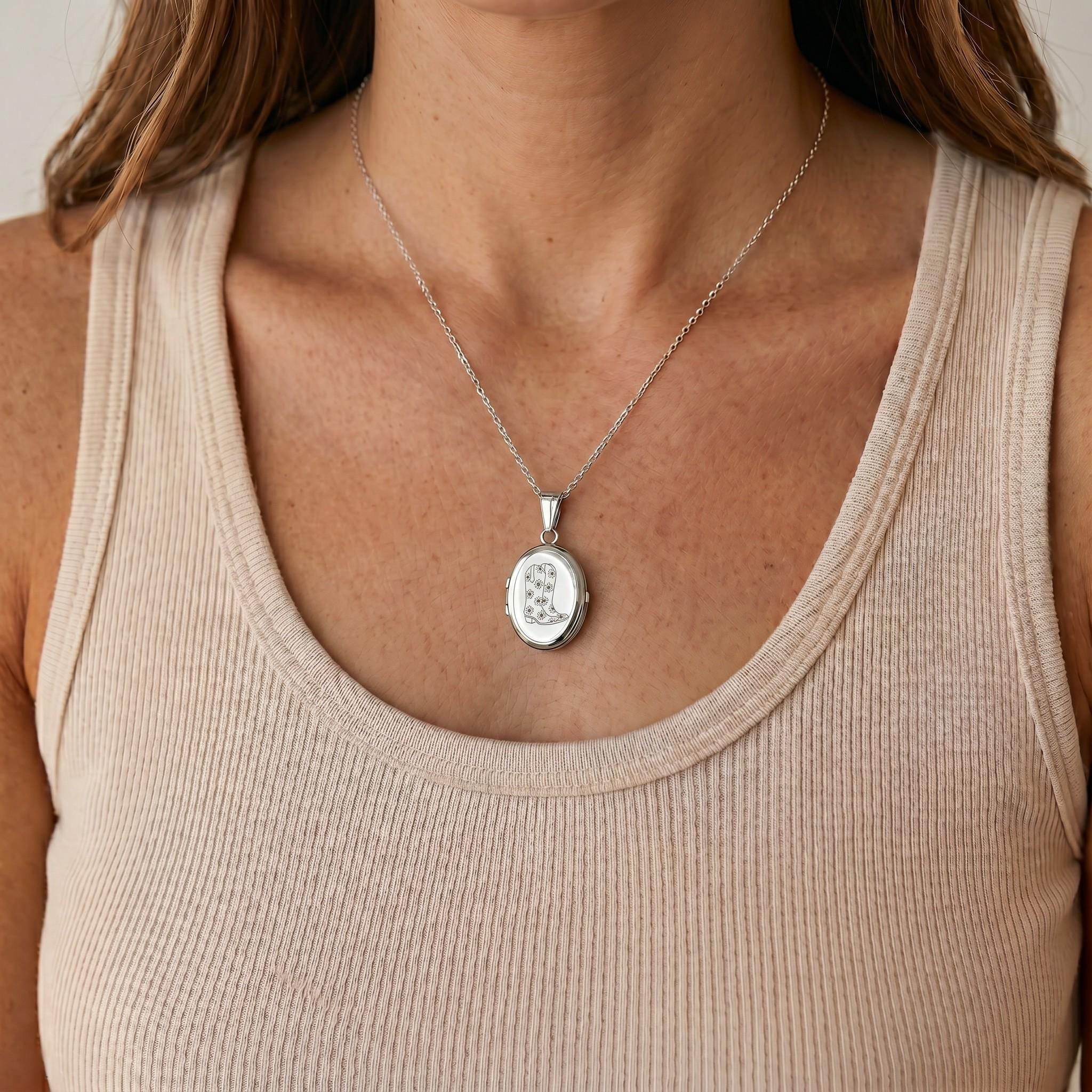 Personalized Cowboy Boot Locket Necklace, Western Engraved Charm