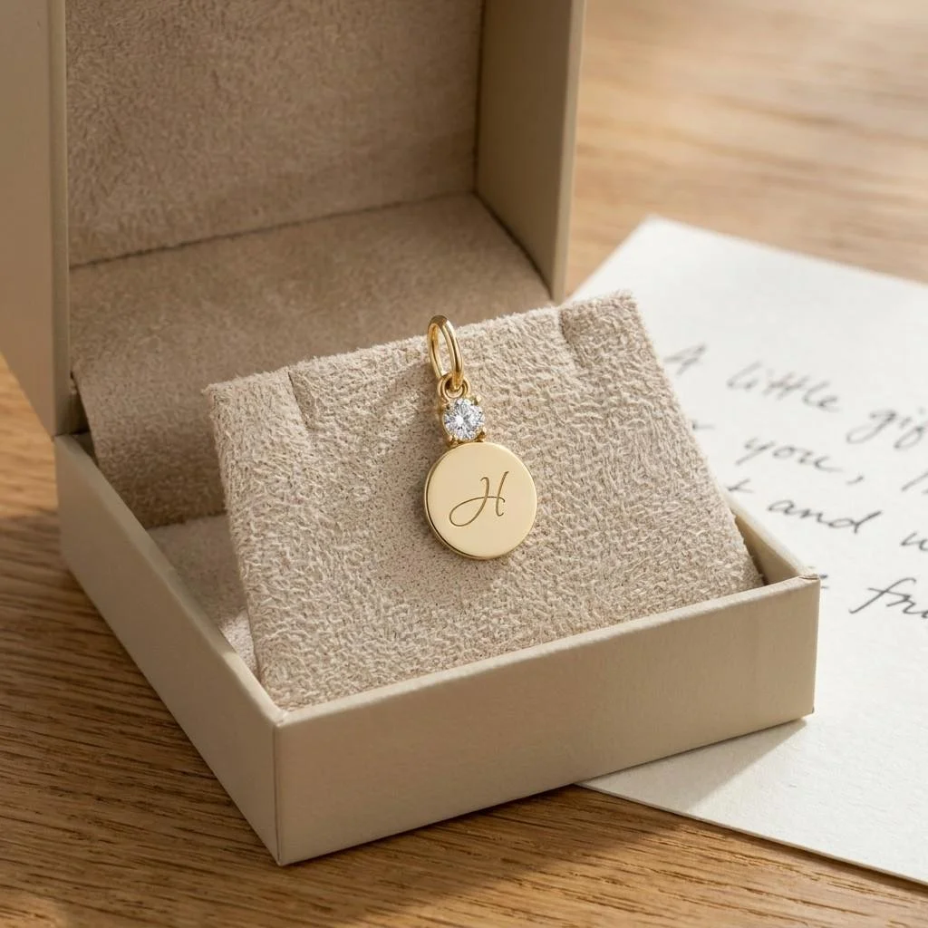 Personalized 14K Gold Diamond Pendant, Engraved Initial Charm Necklace