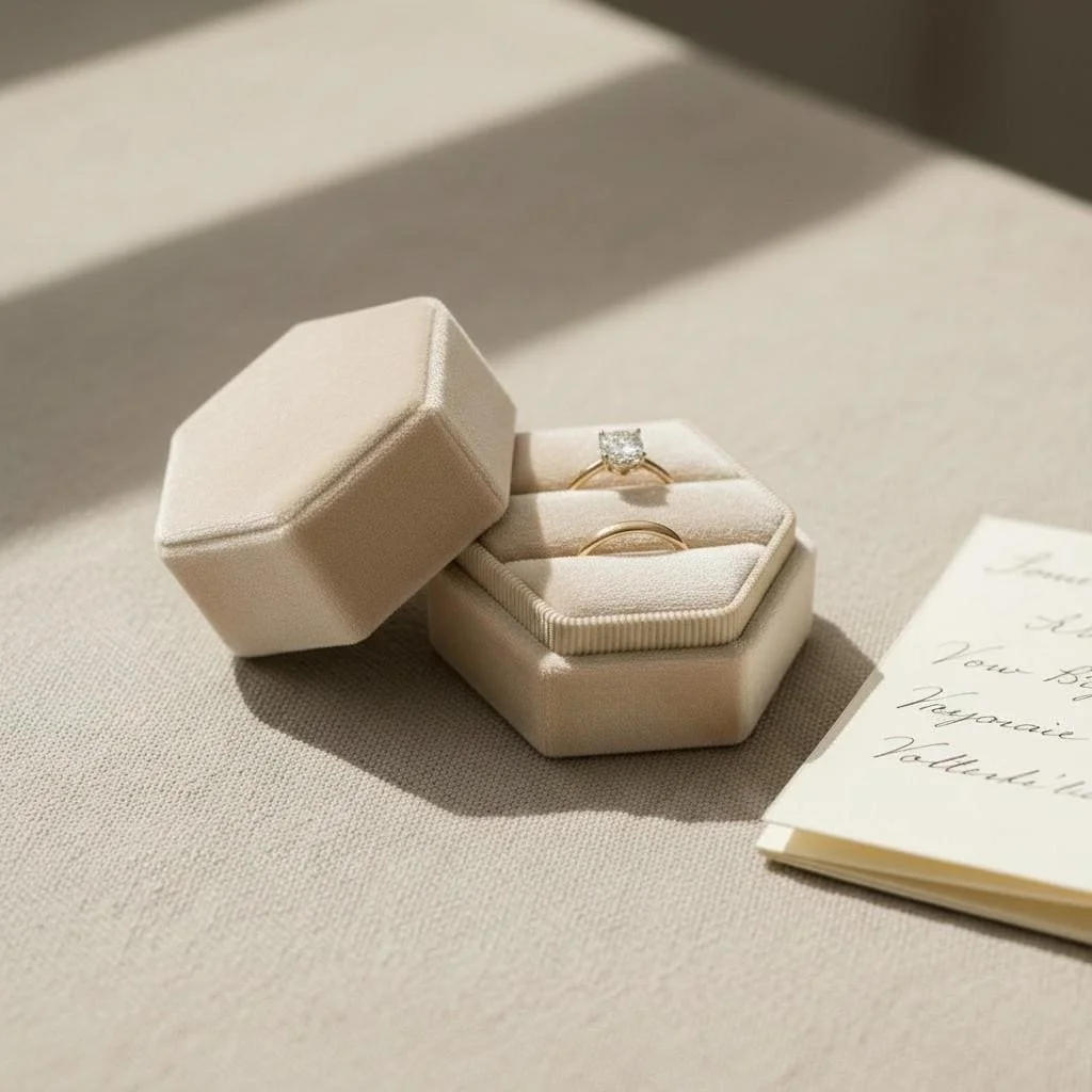 Heirloom Linen Ring Box Champagne Engagement Holder for Proposal or Wedding Ceremony
