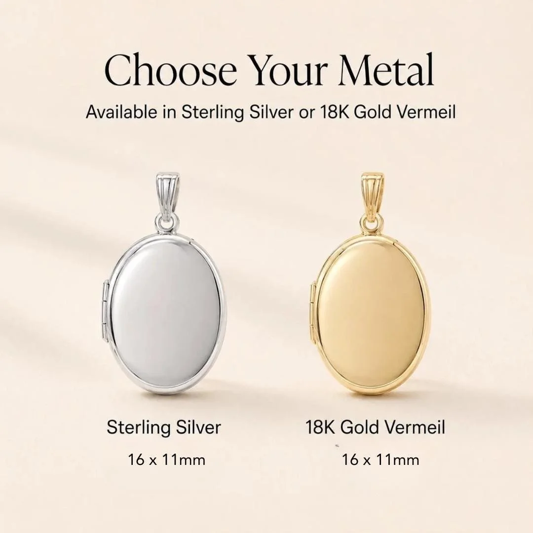 Personalized Birth Flower Oval Locket Necklace, Engraved Sterling Silver or 18K Gold Vermeil