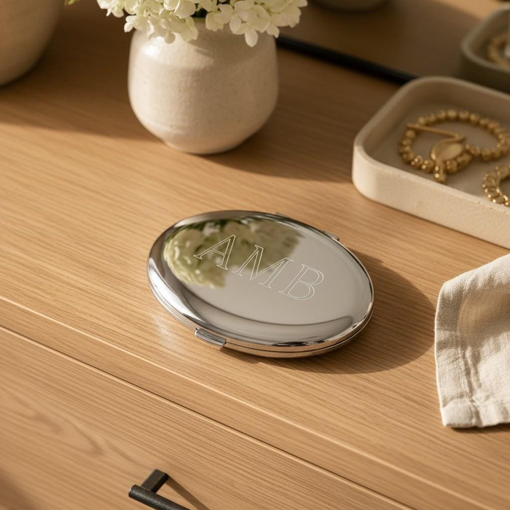 Personalized Compact Mirror, Engraved Gold or Silver Pocket Mirror