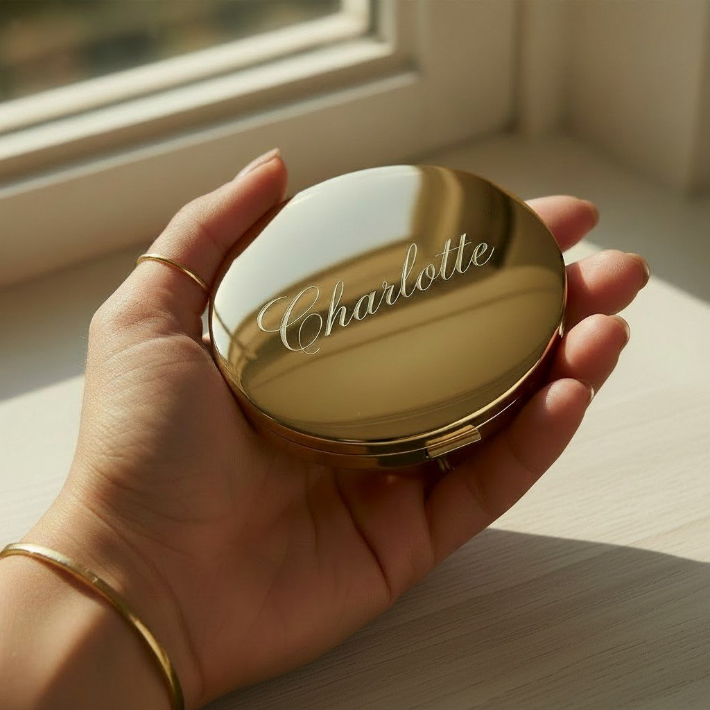 A person holding a small, round, gold compact mirror with the name 'Charlotte' engraved in cursive on the lid, near a window with sunlight reflecting off the mirror.