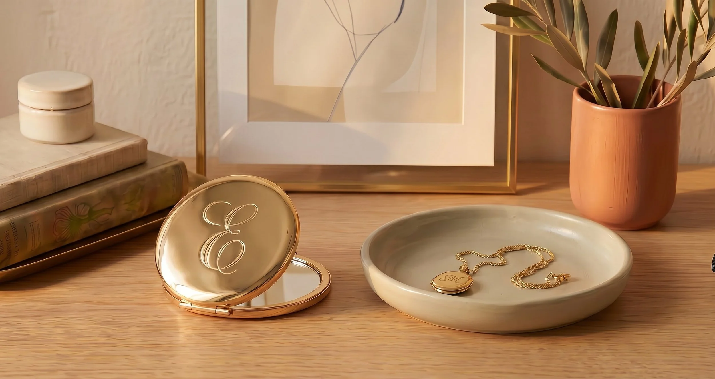 A collection of decorative items on a wooden surface, including a closed gold compact mirror with an engraved letter 'M', a white ceramic dish with a gold chain and pendant, a stack of books with a cream-colored container on top, an abstract line art framed print, and a terracotta-colored vase with green foliage.