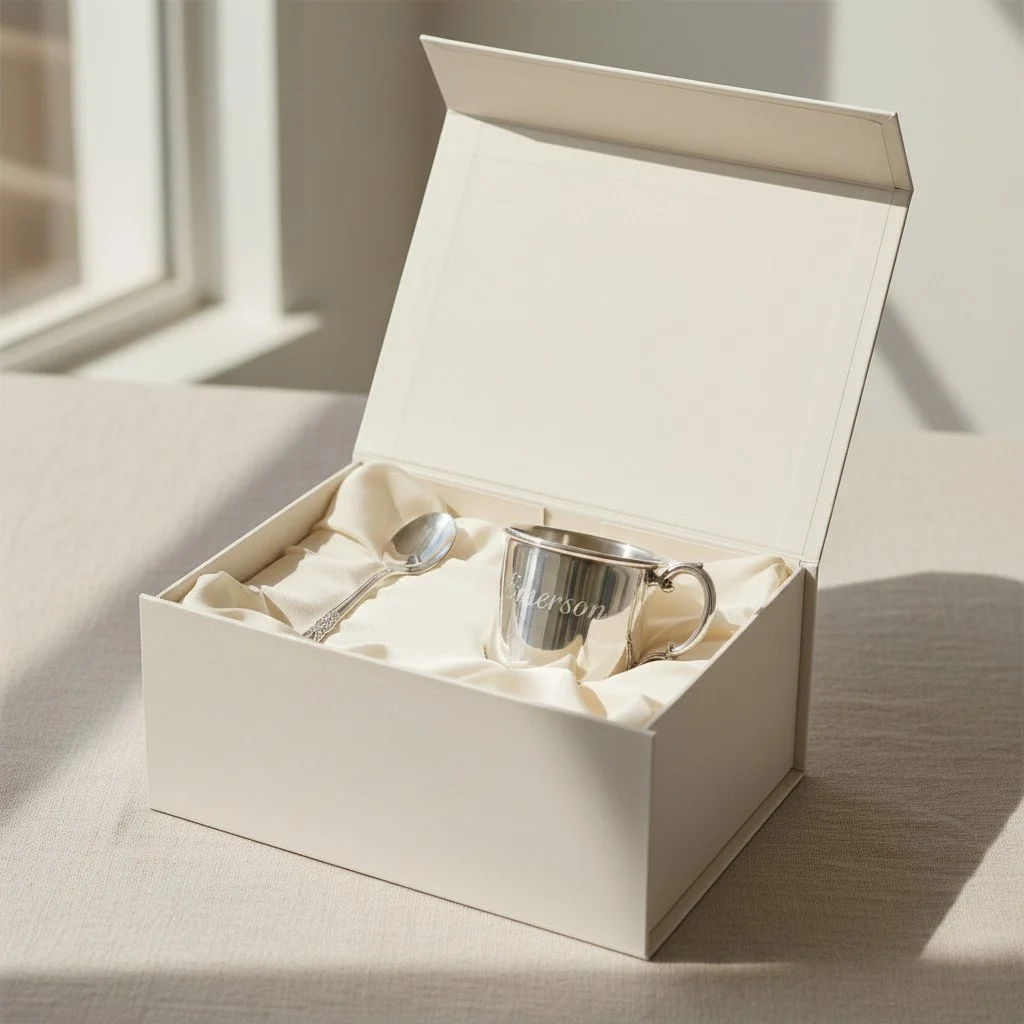 A white gift box with satin lining containing a silver spoon and a silver mug engraved with the name 'Alison', placed on a light-colored table near a window.