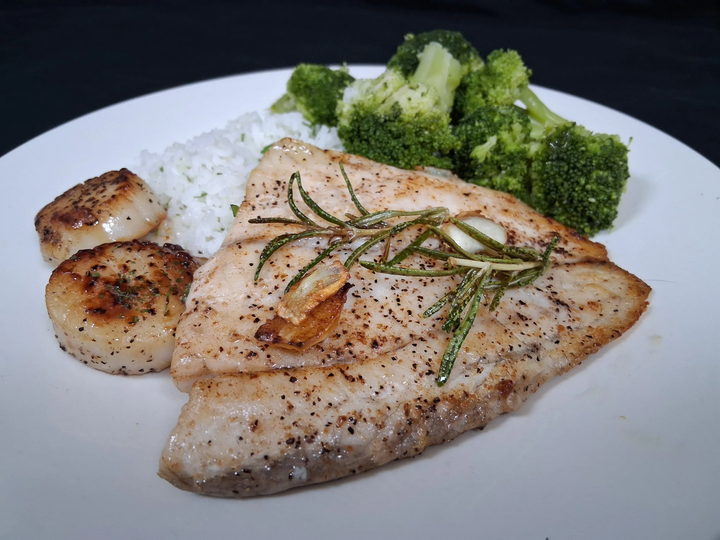 Lemon Rose Barramundi & Scallops w/ Cilantro Rice and Broccoli