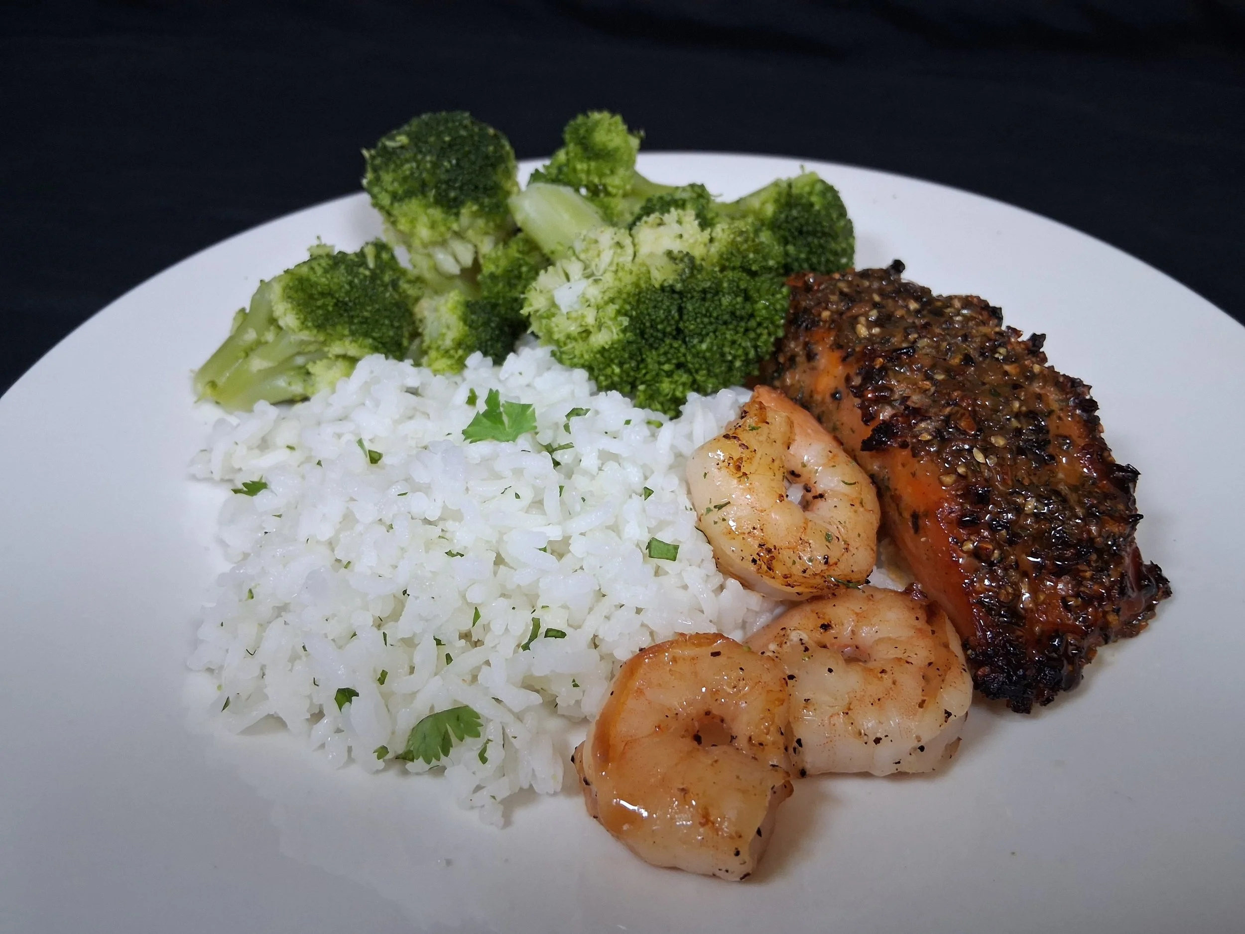 Lemon Rose Salmon & Shrimp w/ Cilantro rice and Broccoli
