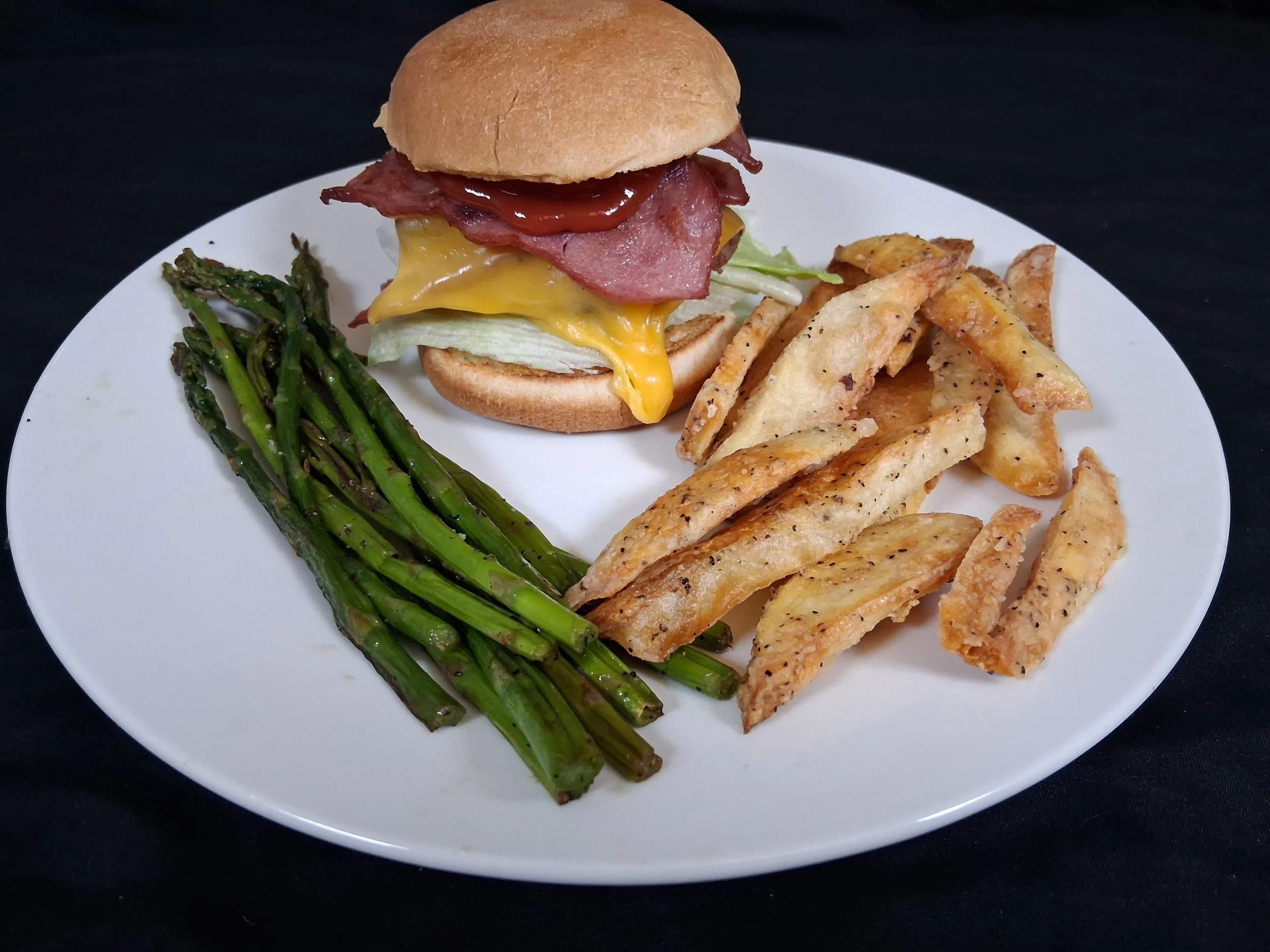 Double Turkey Bacon Beef Burger & Steak fries w/ Asparagus