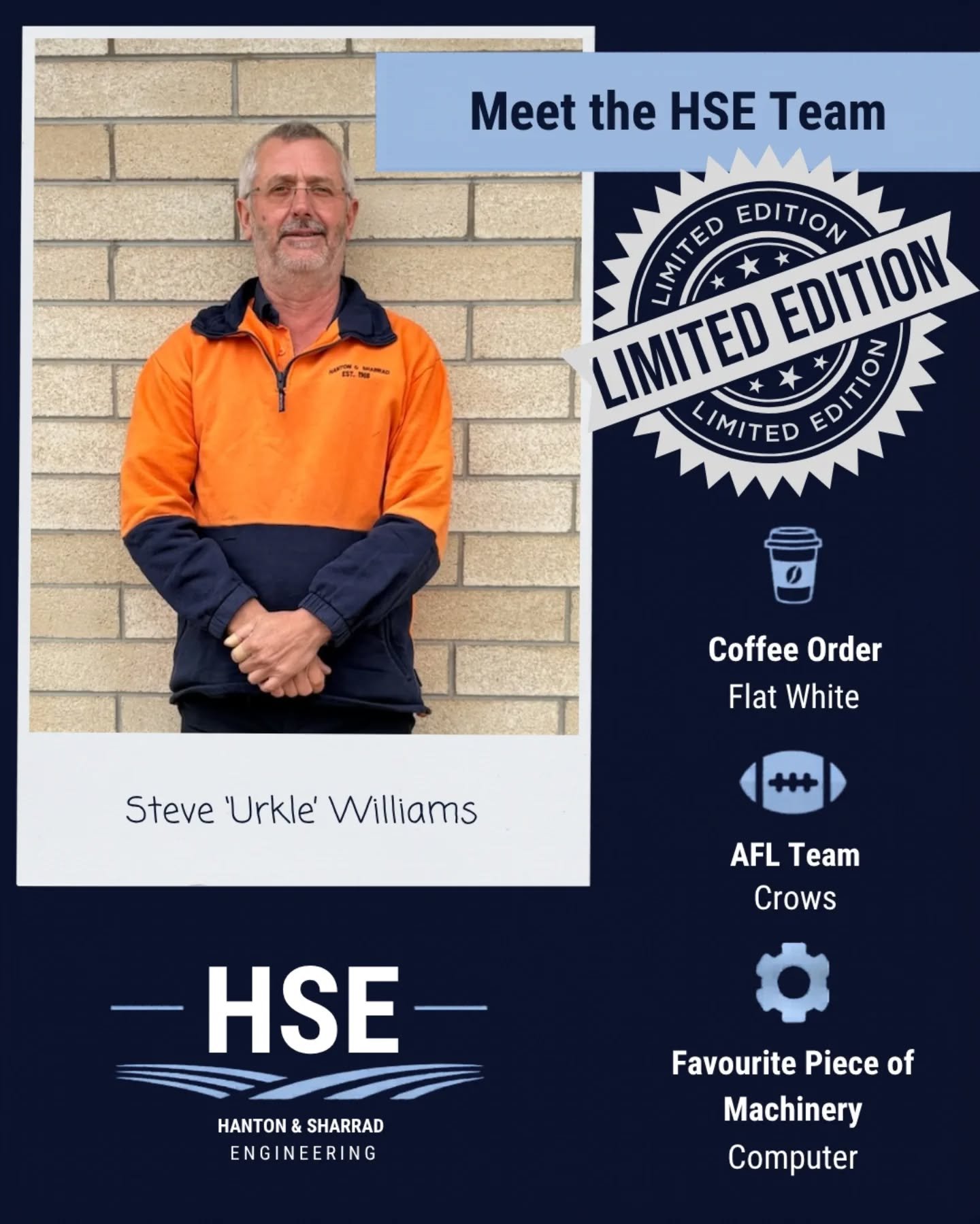 Back by popular demand and for a limited time only ... Steve 'Urkle' Williams

MEET THE HSE TEAM! 

👤 Steve 'Urkle' Williams
⚙️ Computer
☕️ Flat White
🏈 Crows