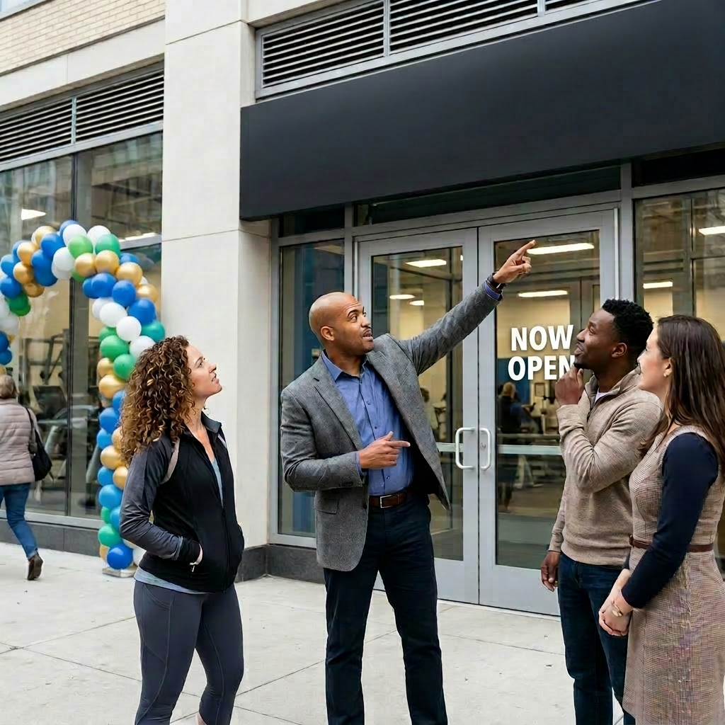 A man in a gray blazer shows a group of four people, two men and two women, outside a store with an "Now Open" sign and a balloon arch, engaging in conversation.