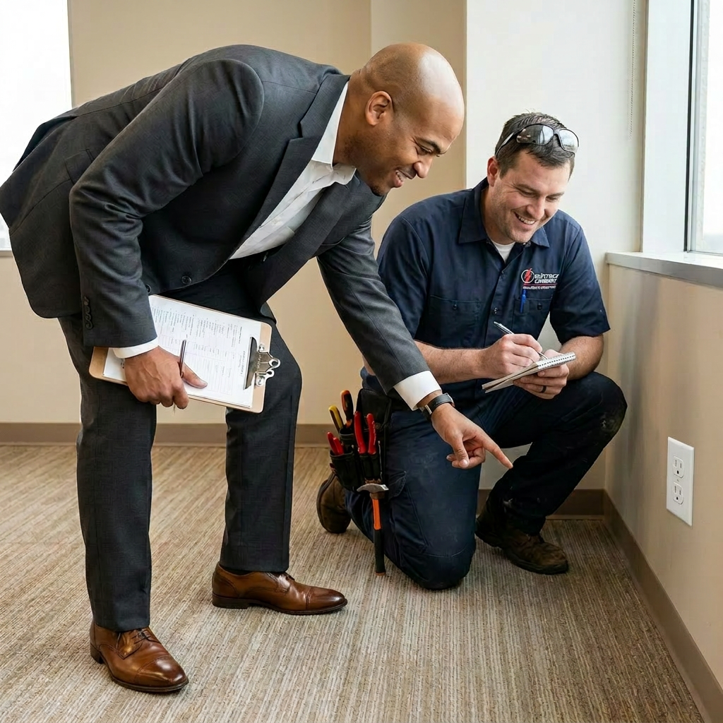 Two men, one in a suit and the other in work attire, are talking and smiling near a window. The man in a suit is holding a clipboard and pointing at something on the floor, while the other man is kneeling, holding a notepad and a pen. They appear to be discussing a technical or electrical issue at an indoor office or commercial space.