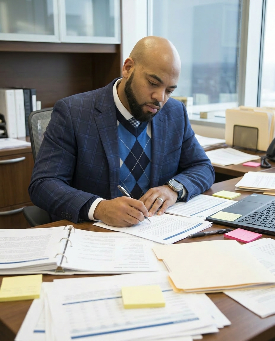 Man in a blue plaid suit working with documents and a laptop on a cluttered desk in an office with large windows.
