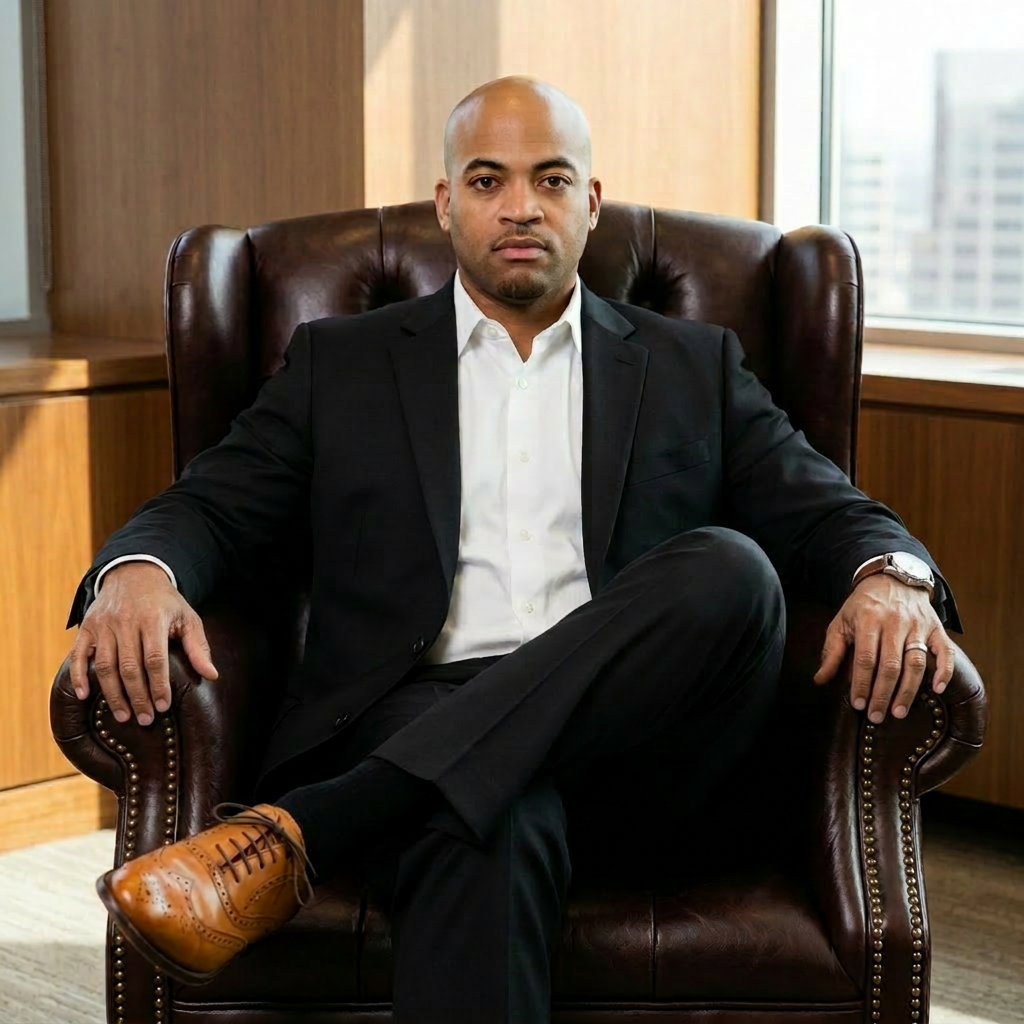 A man in a suit sitting in a leather office chair in a modern office