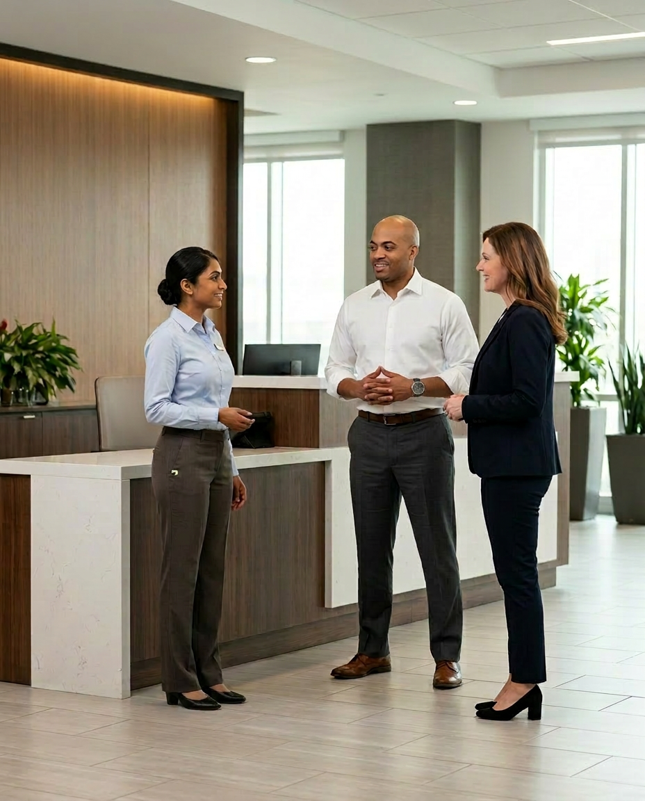 Three professionally dressed people, two women and one man, in a modern office lobby, engaged in a conversation, with plants and a reception desk in the background.