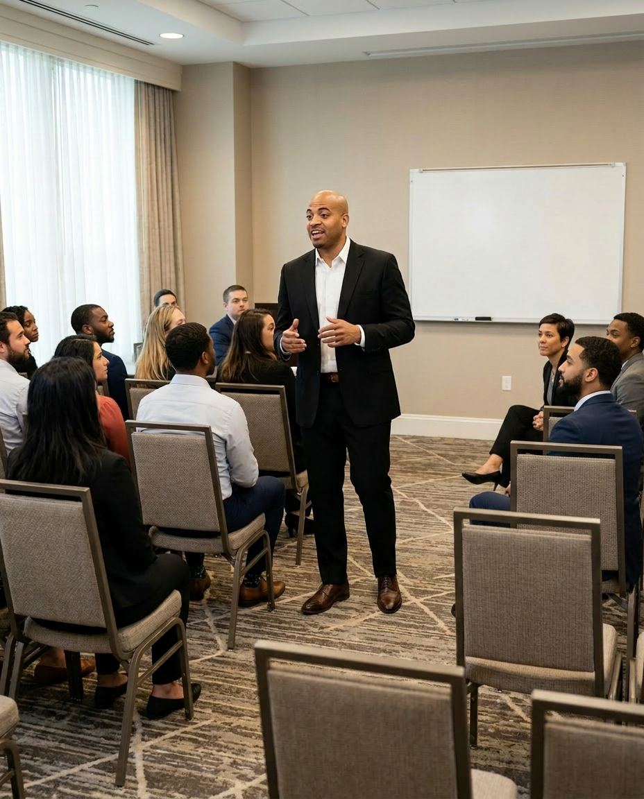 A man in a black suit and white shirt giving a presentation to a seated audience in a conference room with beige walls, a whiteboard, and curtains covering large windows.
