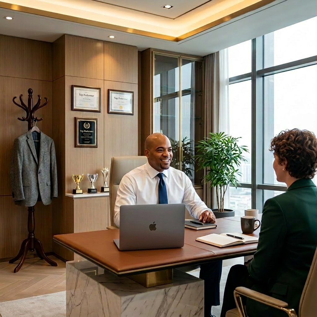A man and a woman having a business meeting in an office with a view of the city through large windows.