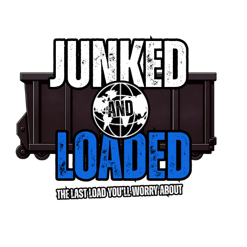 Graphic with the text 'JUNKED AND LOADED' and a globe icon, with a railroad car in the background, and a subtitle reading 'The last load you'll worry about'.