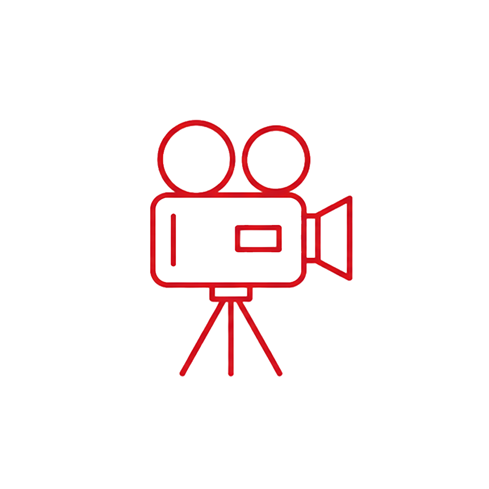 Red line art illustration of a vintage film camera on a tripod.