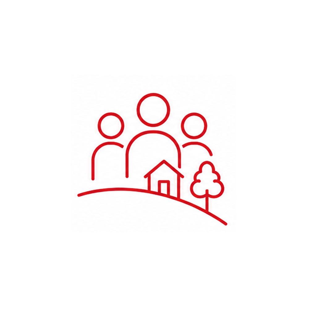 Red line drawing of three people, a house, a tree, and a hill on a white background.