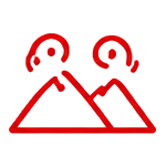 Line drawing of two mountains with two circles above, representing the sun or moon, and small clouds.