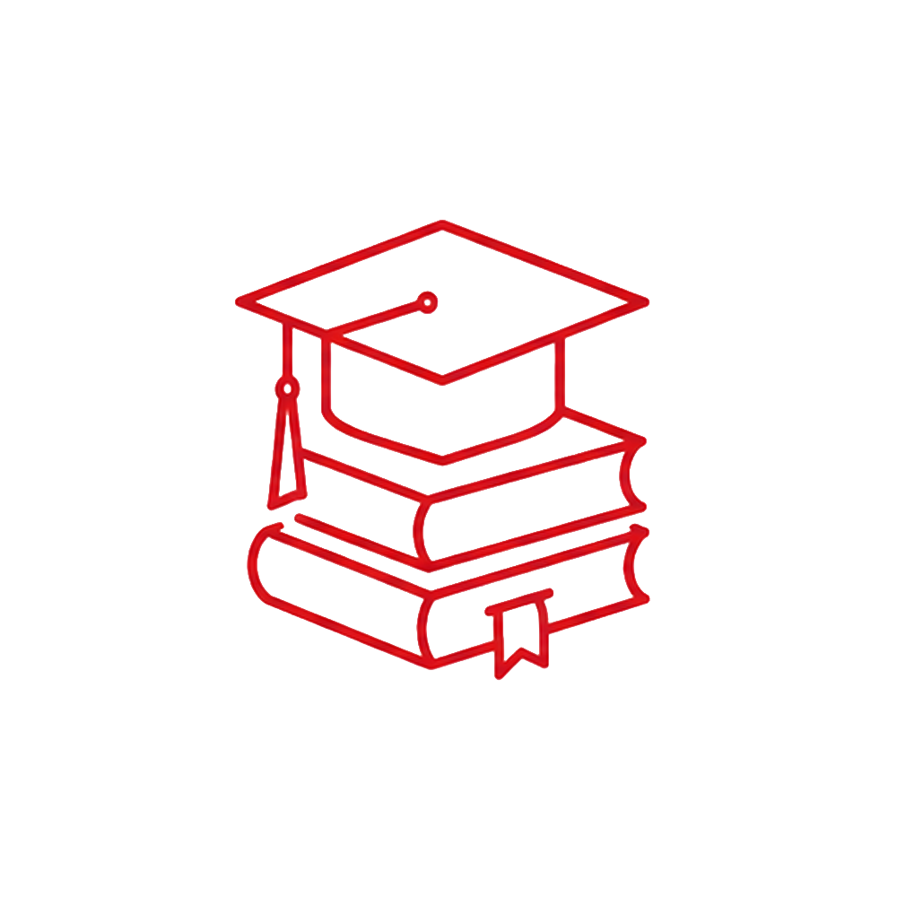 Line drawing of a stack of three books with a graduation cap on top, on a circular background.