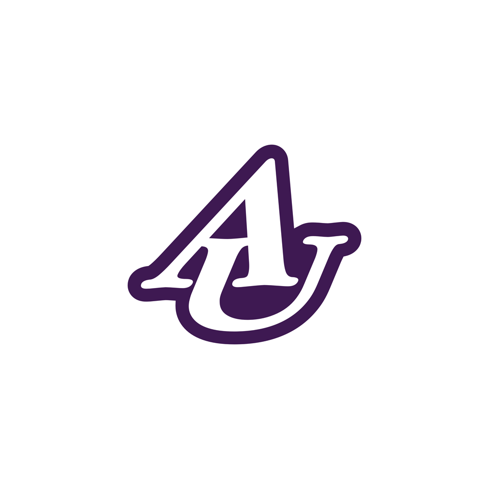White circle with stylized purple 'AU' logo in the center.