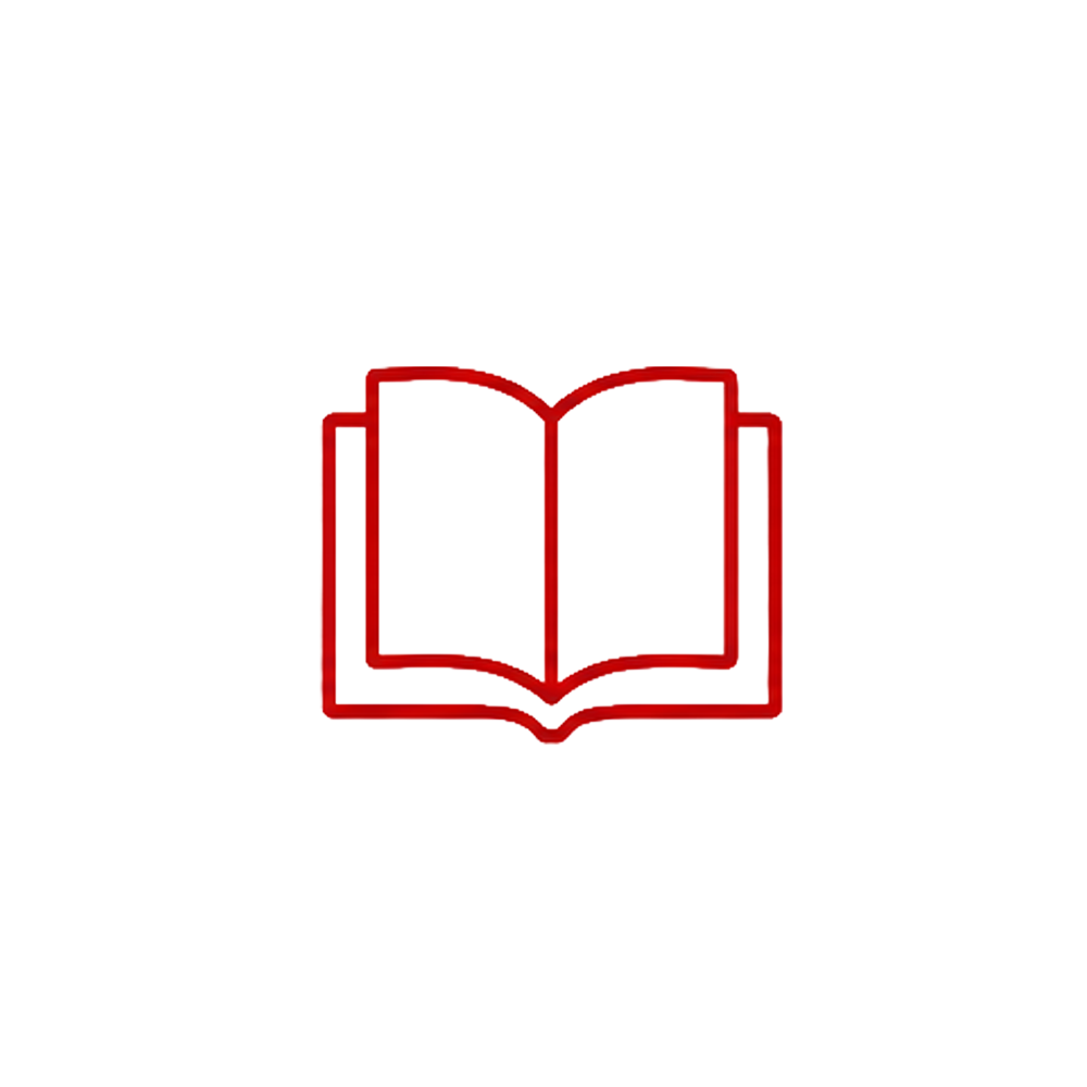 Icon of an open book with a red outline on a circular white background.