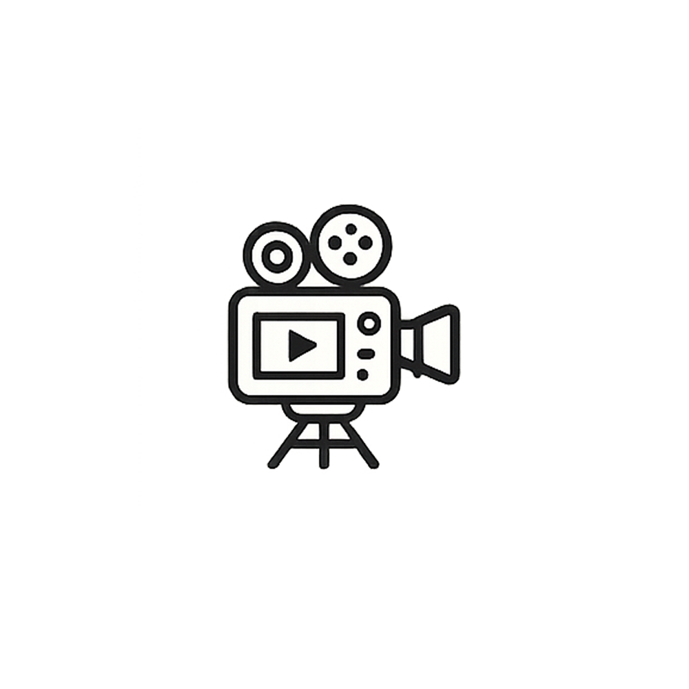 Icon of a vintage film camera with a play button on the screen, two reels on top, and a tripod base.
