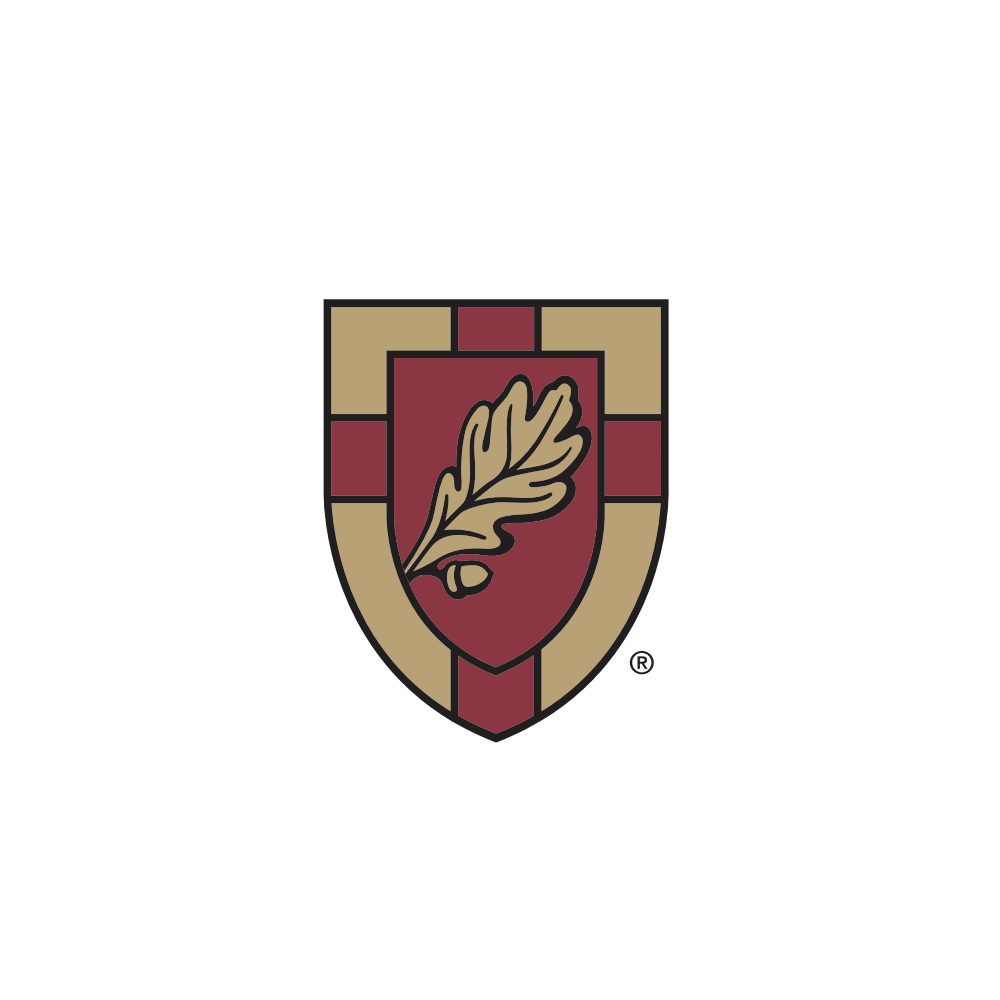 A shield emblem with a red background featuring an oak leaf, bordered by a gold and red frame.