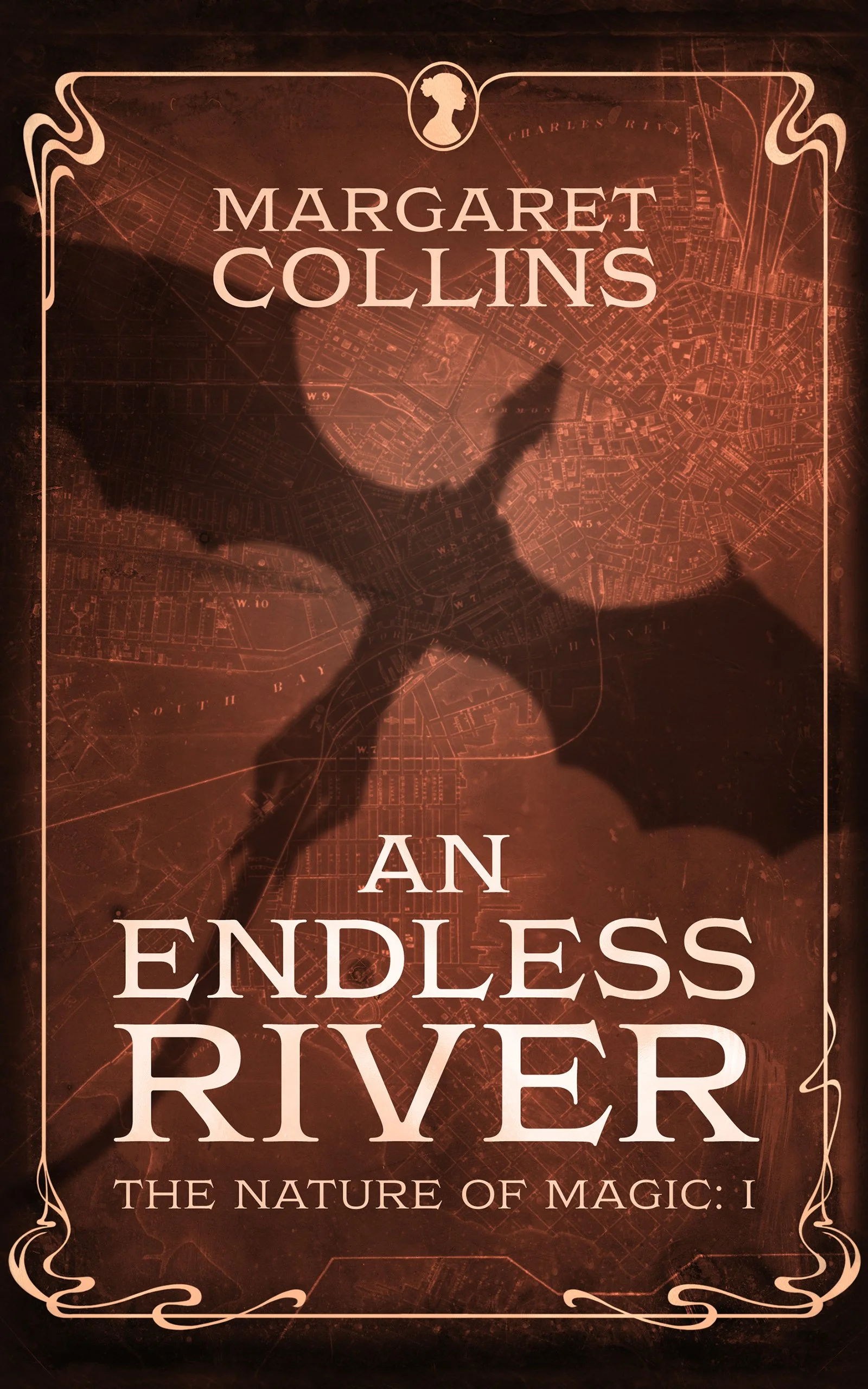 An Endless River Cover with a dragon shadow flying above a town