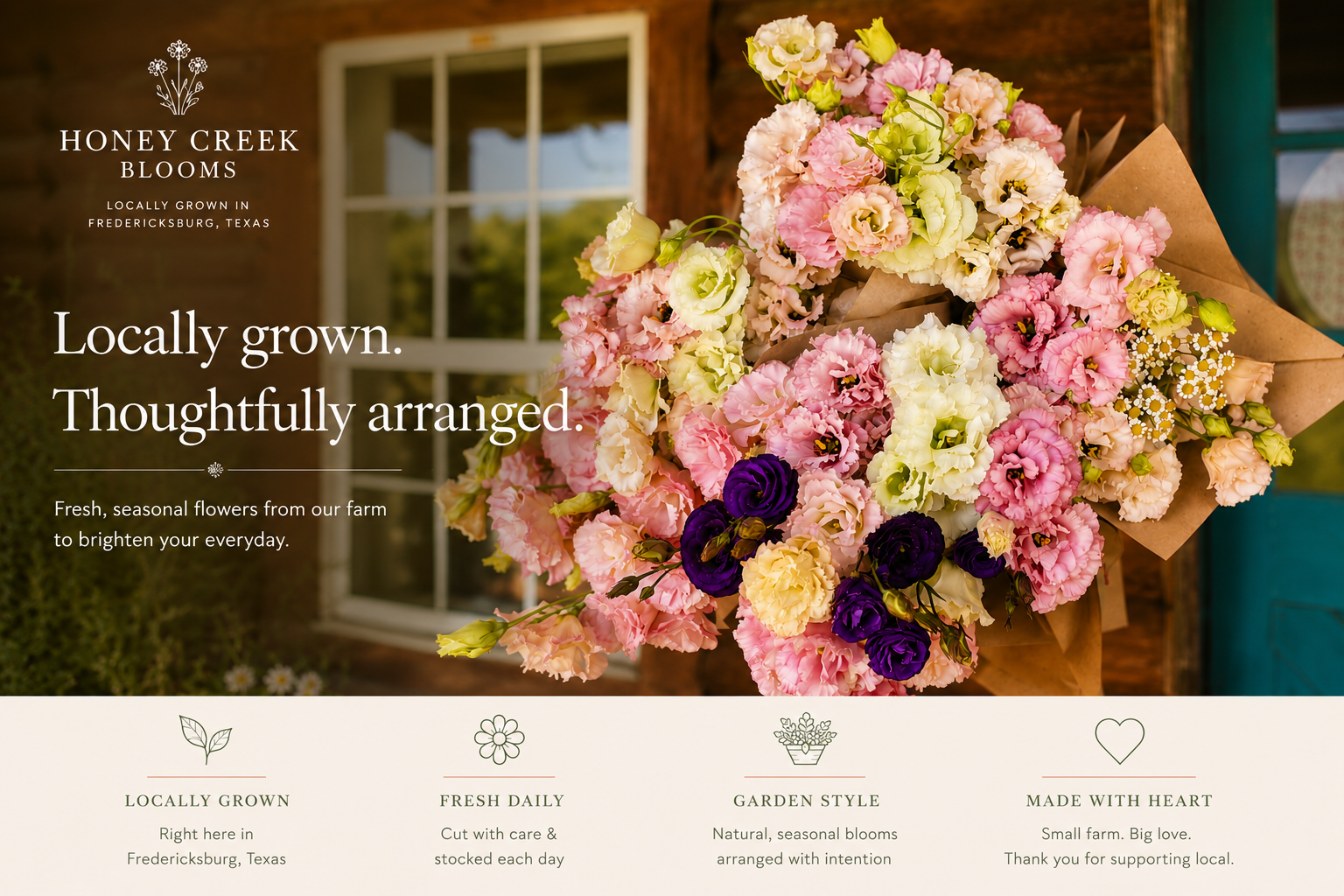 Website homepage for Honey Creek Blooms featuring a large bouquet of pink, cream, and purple flowers against a rustic wooden and window background, with text highlighting locally grown, thoughtfully arranged flowers.