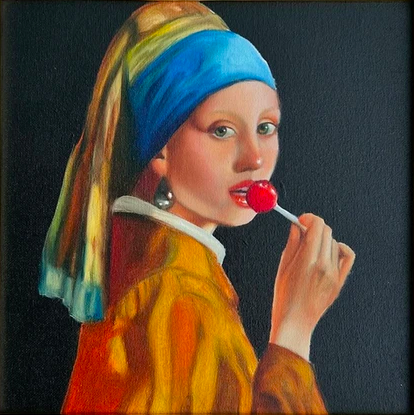chica de la perla, retrato surrealista, arte pop divertido, sosteniendo una paleta con un caramelo rojo cerca de la boca.