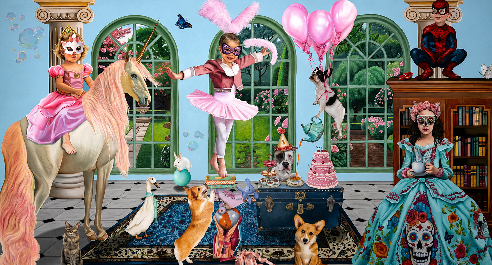 Escena lúdica con niños disfrazados de personajes de fantasía en un salón decorado con colores vivos, lleno de animales de compañía y elementos decorativos como globos, pastel, y libros.