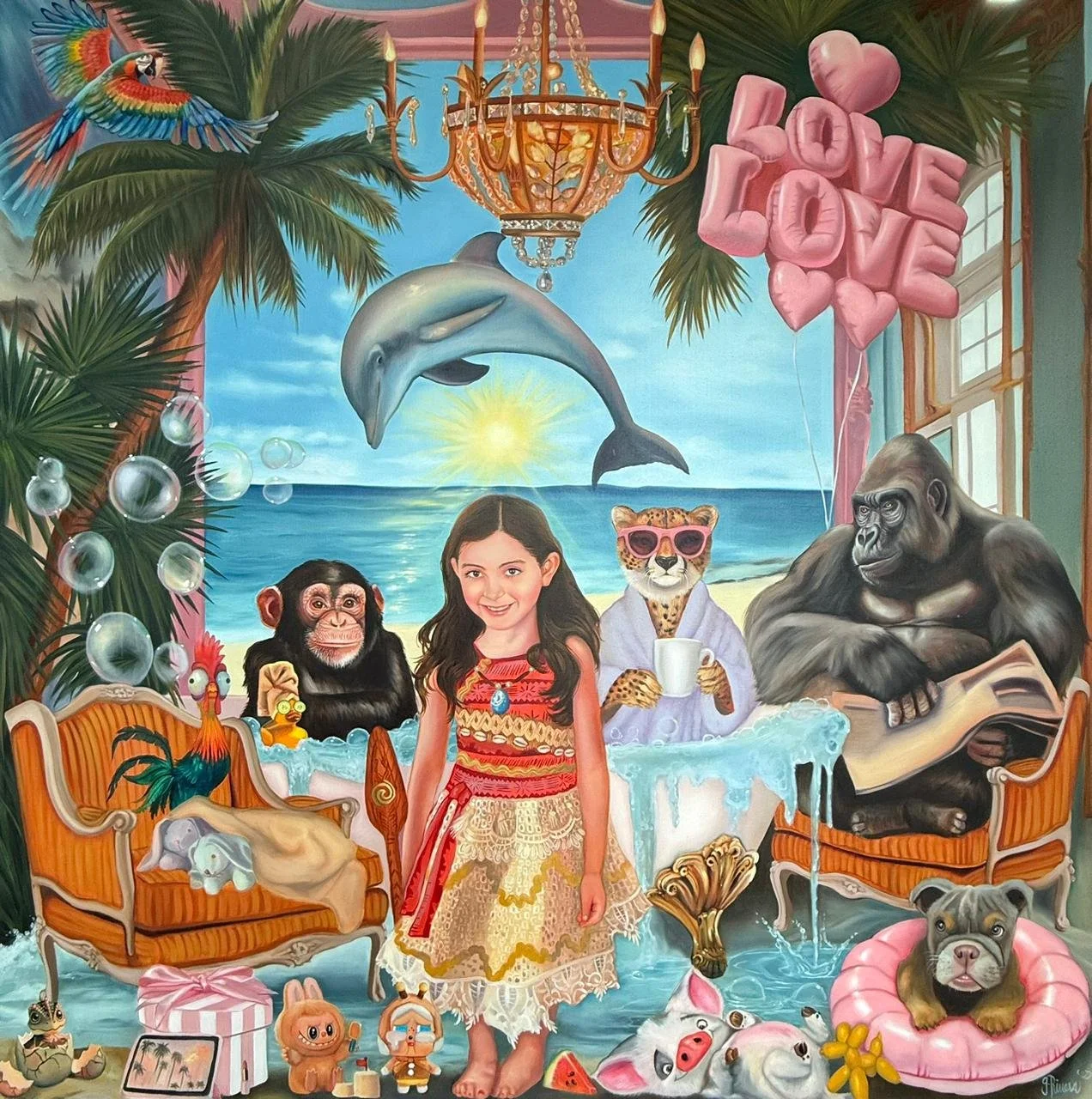Una pintura colorida y vibrante que muestra una escena en una sala decorada con plantas tropicales, palmeras, un candelabro y un sol brillante en el fondo. En el centro, una niña sonriente con vestido multicolor está rodeada de animales como un mono, un guepardo con gafas de sol, un gorila, un perro, un cerdo y otros animales de mascotas y exóticos. También hay un loro sobre un sillón, burbujas flotando en el aire, un globo con la palabra "Love" en forma de corazones, y elementos de fiesta y decoración.