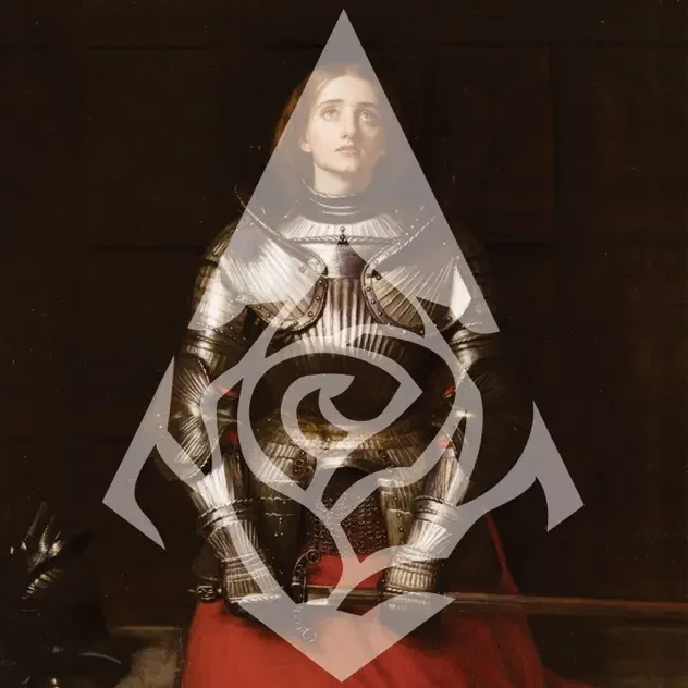 Painting of a woman in medieval armor with a red dress, overlaid with a tribal-style geometric design.