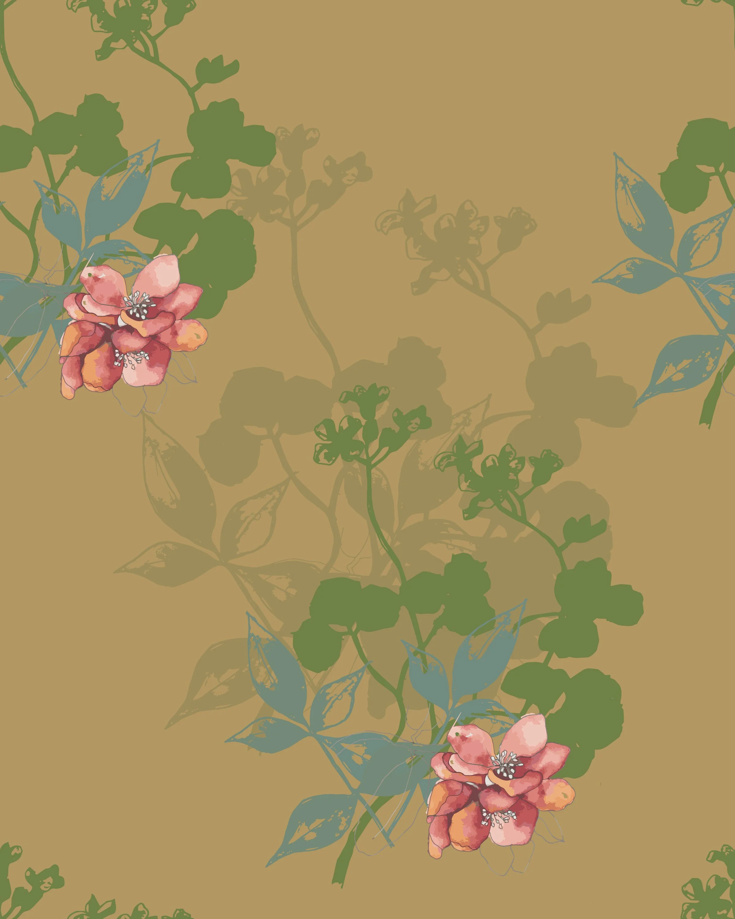 A floral design featuring pink and peach-colored flowers with green and blue leaves on a brown background.