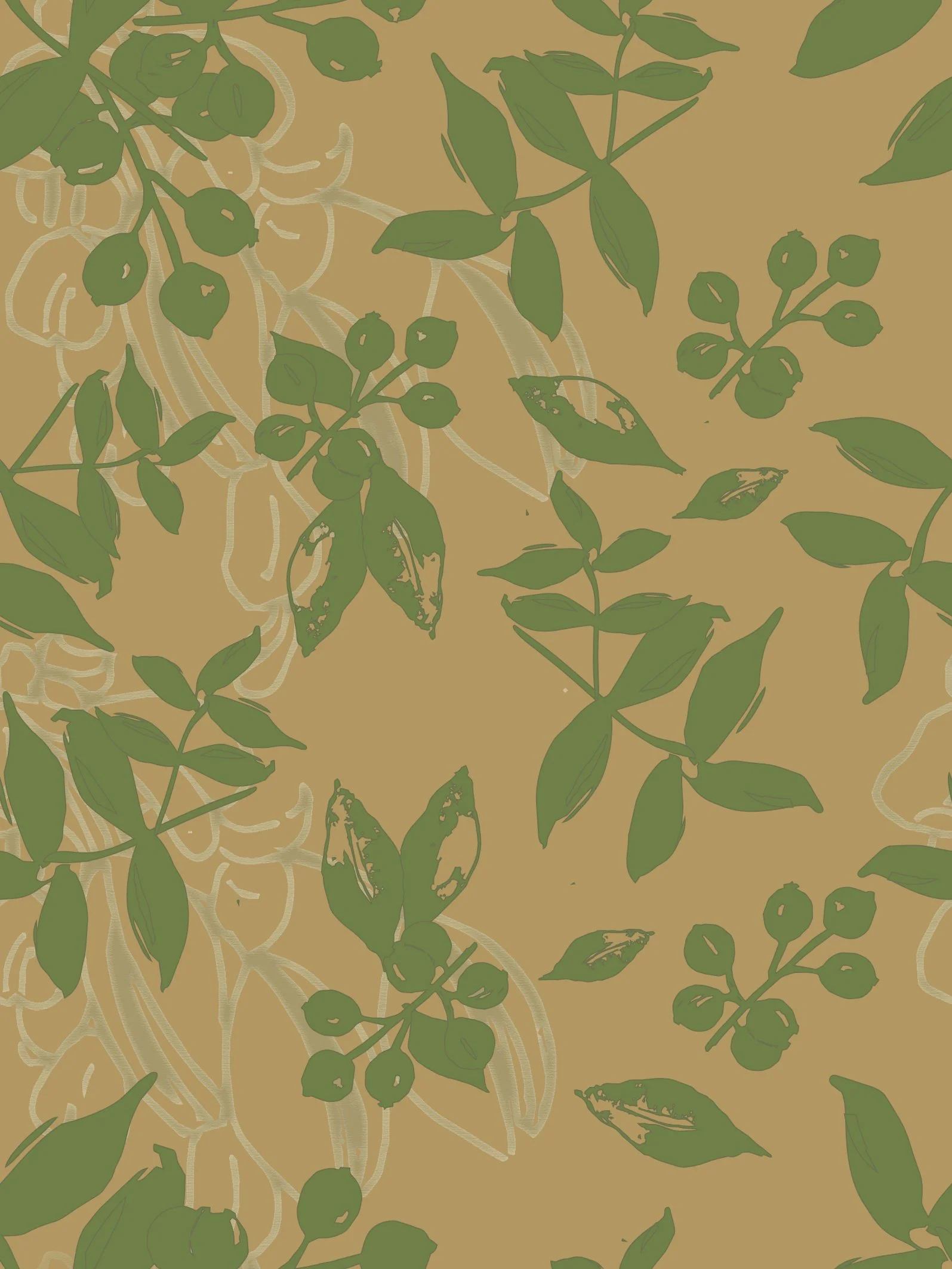 Illustration of green leaves and berries on a golden background with a vintage botanical design.