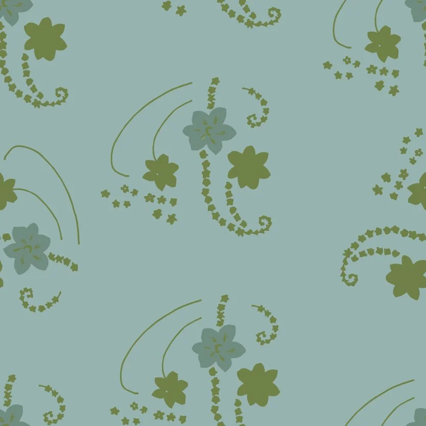 Light teal background with green and darker teal floral pattern of florals and swirling vines.