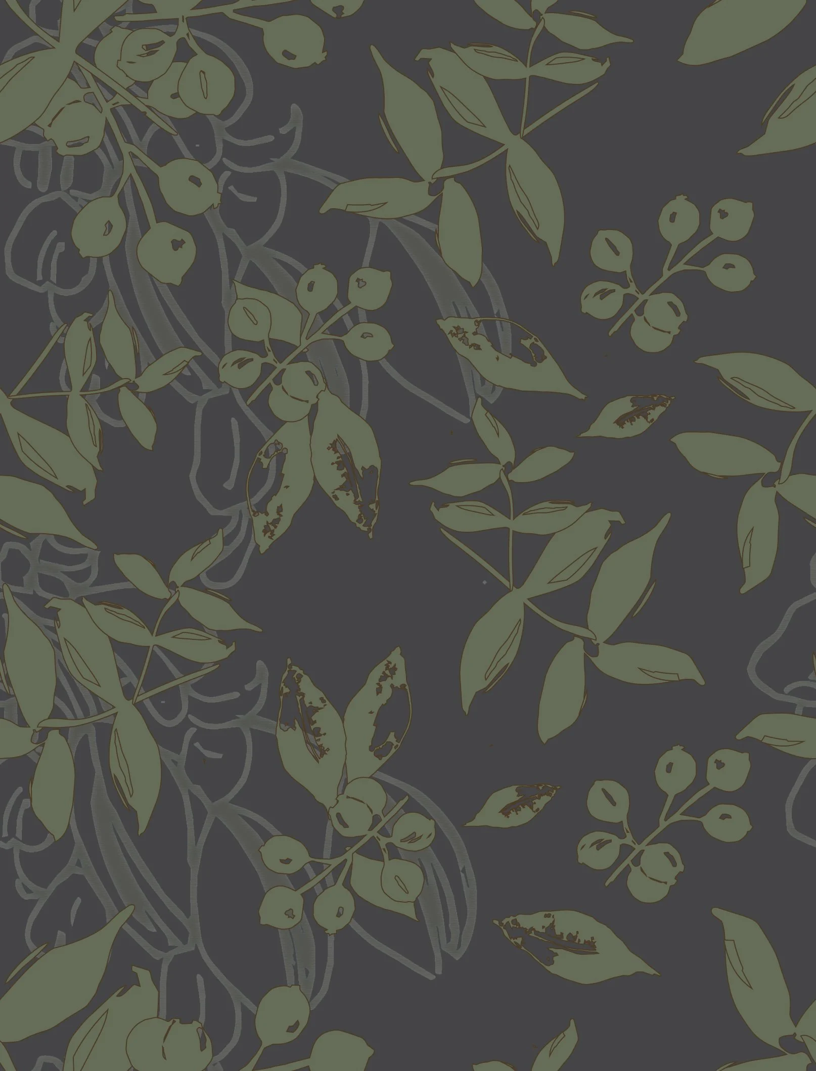 Pattern of olive green leaves and berries on a dark background with a subtle silver-gray floral design.