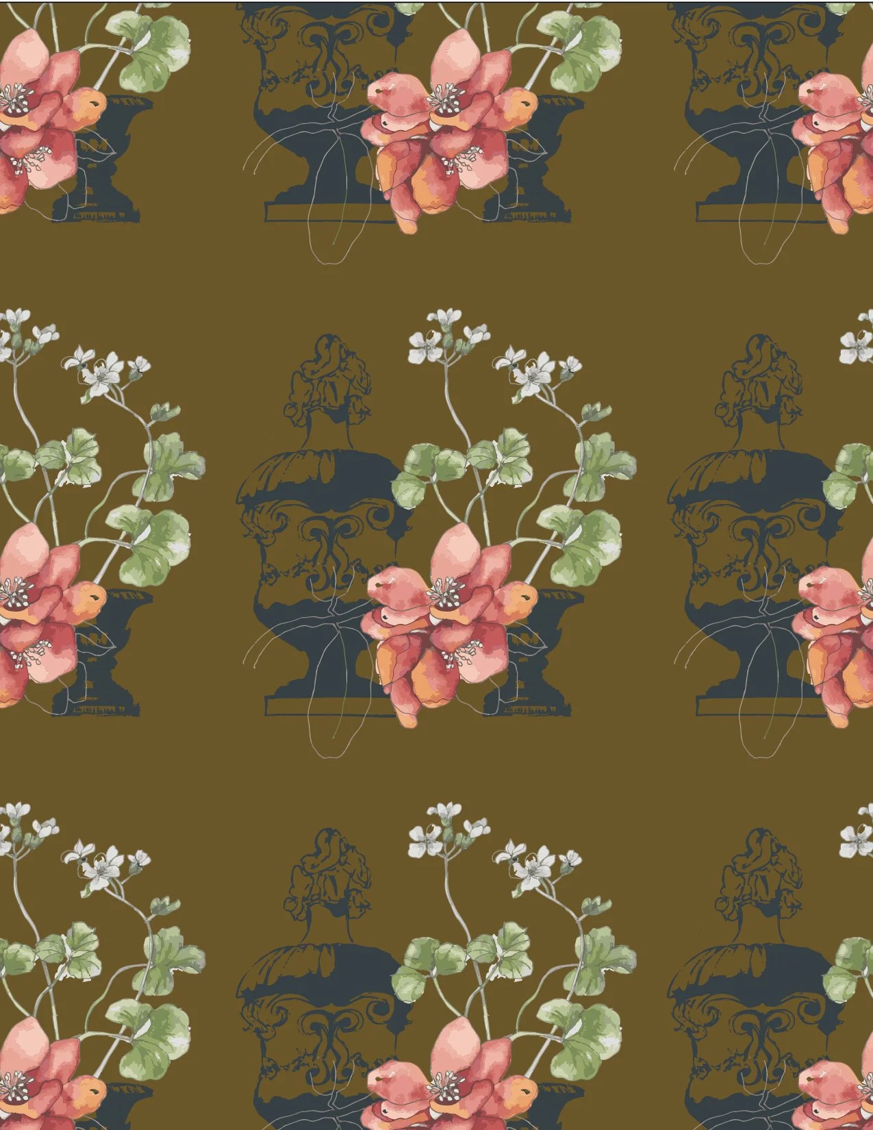 A patterned wallpaper featuring dark blue profiles of garden statuary, pink and peach-colored flowers, and green leaves on a brown background.
