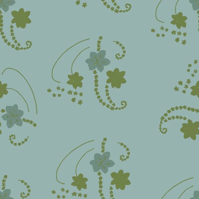 A light green background with a floral pattern of dark and light green flowers and swirling vines.