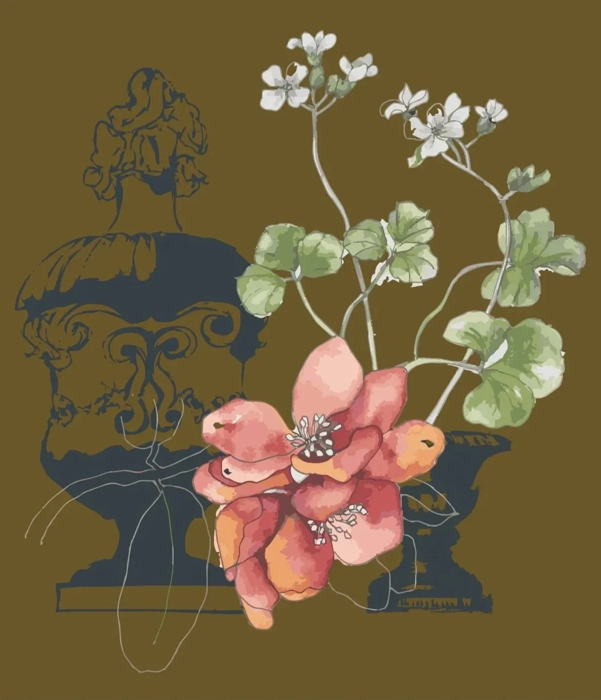 A digital artwork featuring a peach-colored flower with delicate petals and a dark center, connected to green leafy stems. In the background, there are stylized, abstract black illustrations of a Victorian-style urn or vase against an olive green backdrop.