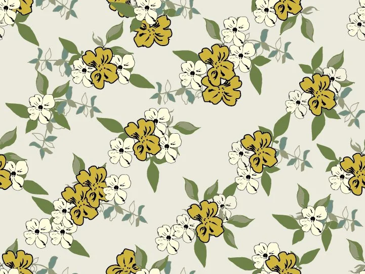 Floral pattern with yellow and white flowers and green leaves on a light background.