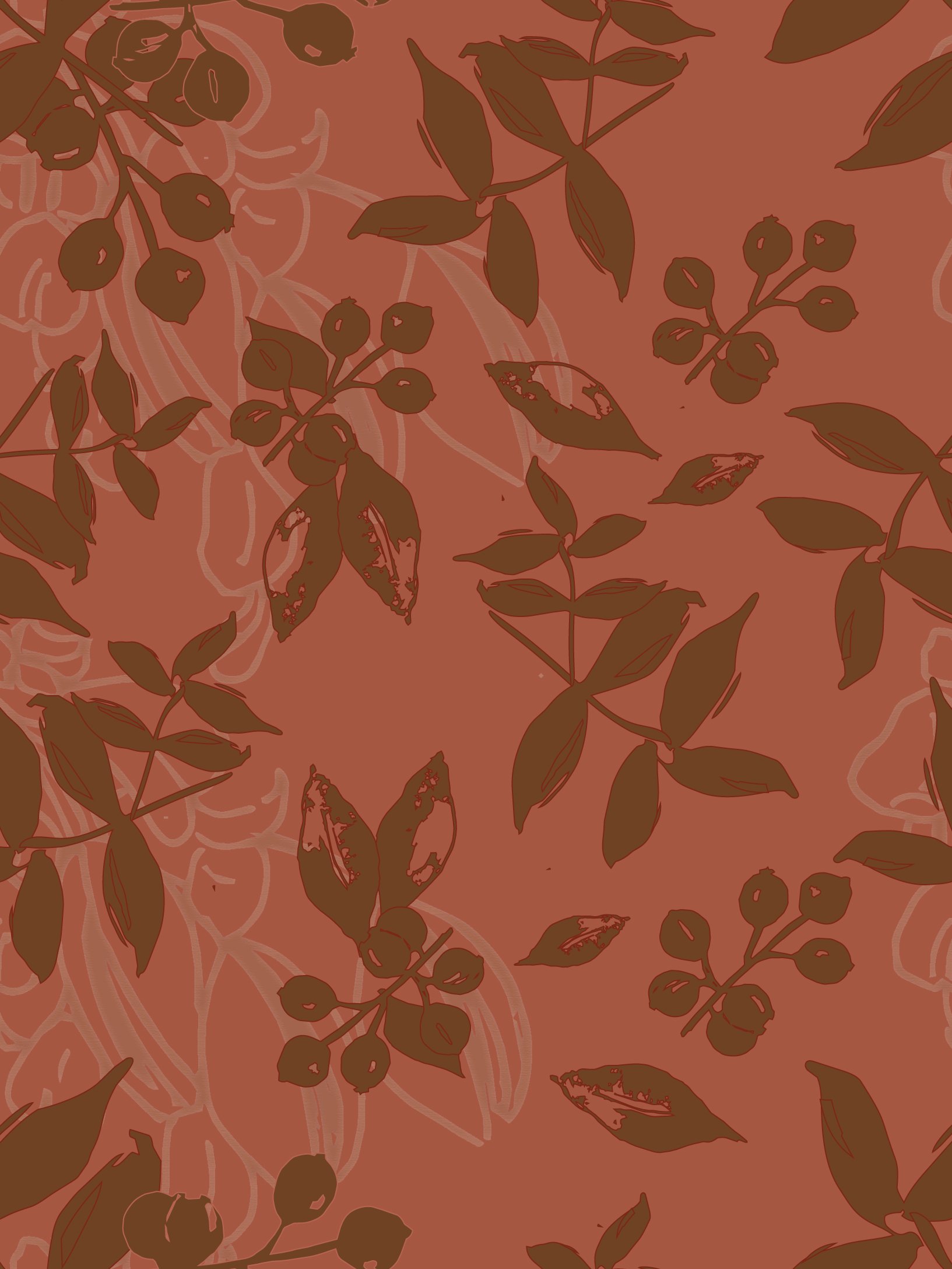 A digital illustration of leafy plant stems with berries, on a solid reddish background with faint floral and leaf patterns.