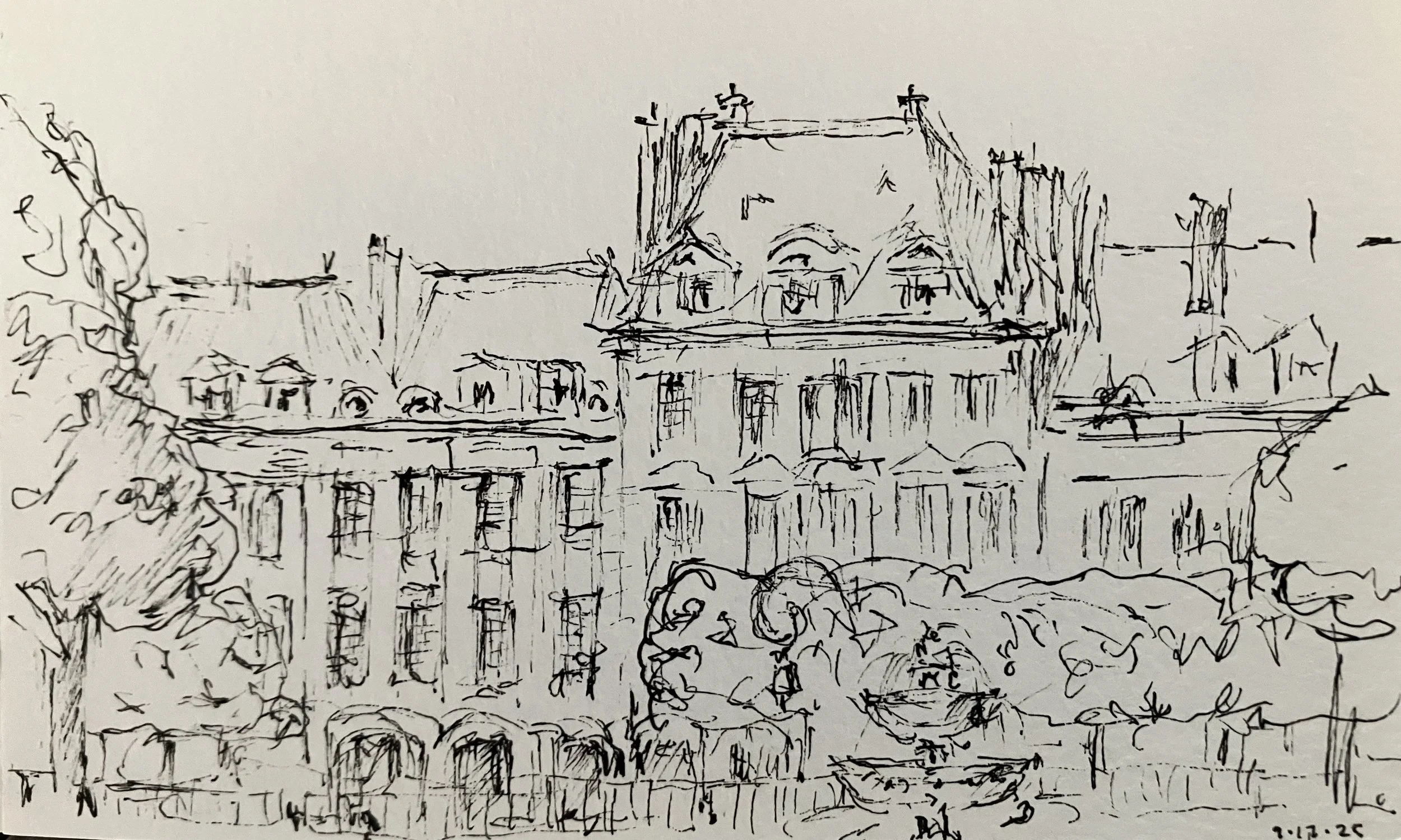 A black ink sketch of a row of buildings, including a prominent large house with a triangular roof and chimney, trees on the left and bottom edges, and smaller buildings and rooftops in the background.