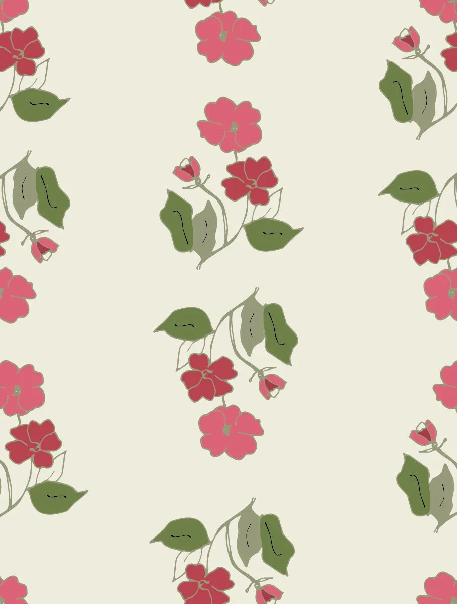 Pattern of pink and red flowers with green leaves on a light background.