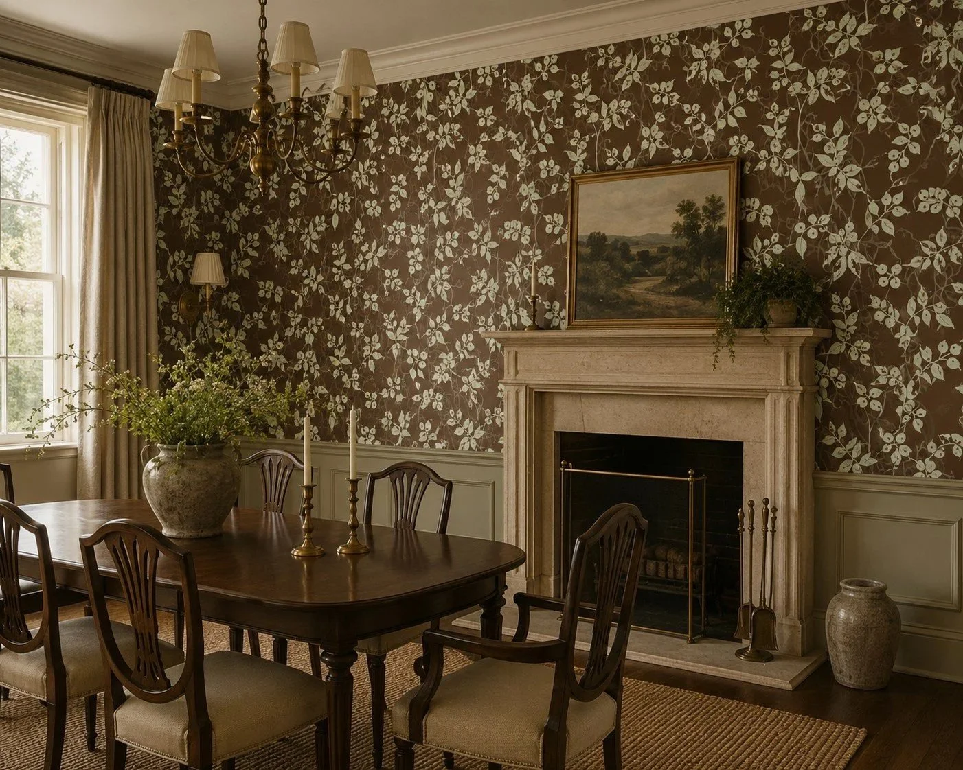 A dining room with a wooden table and chairs, a large ceramic vase with greenery, a fireplace with a painting above it, and a window with curtains, all in a traditional style.