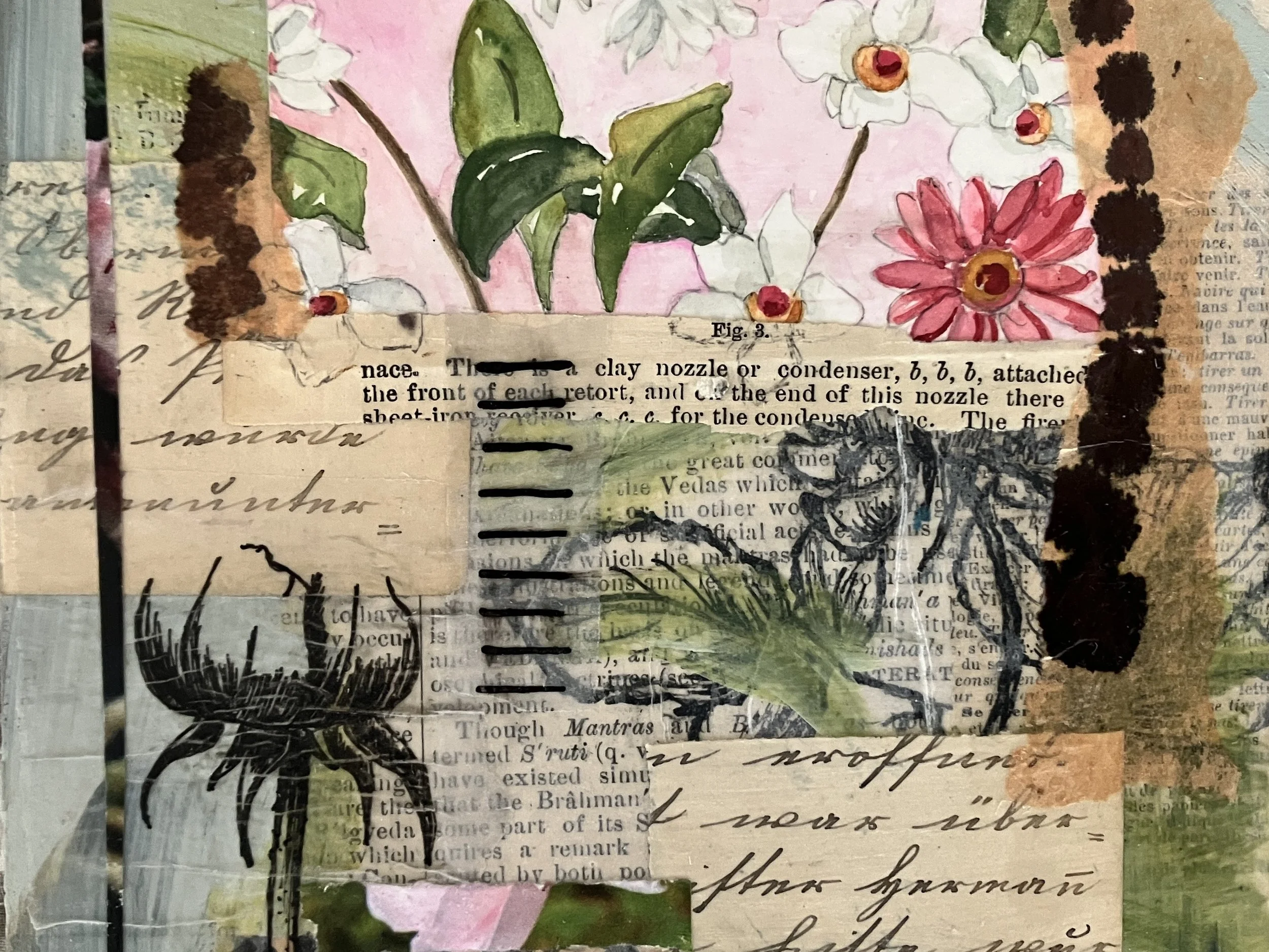 A collage of torn paper pieces layered together, featuring a watercolor painting of white and pink flowers with green leaves, over a background of vintage handwritten text and printed pages.